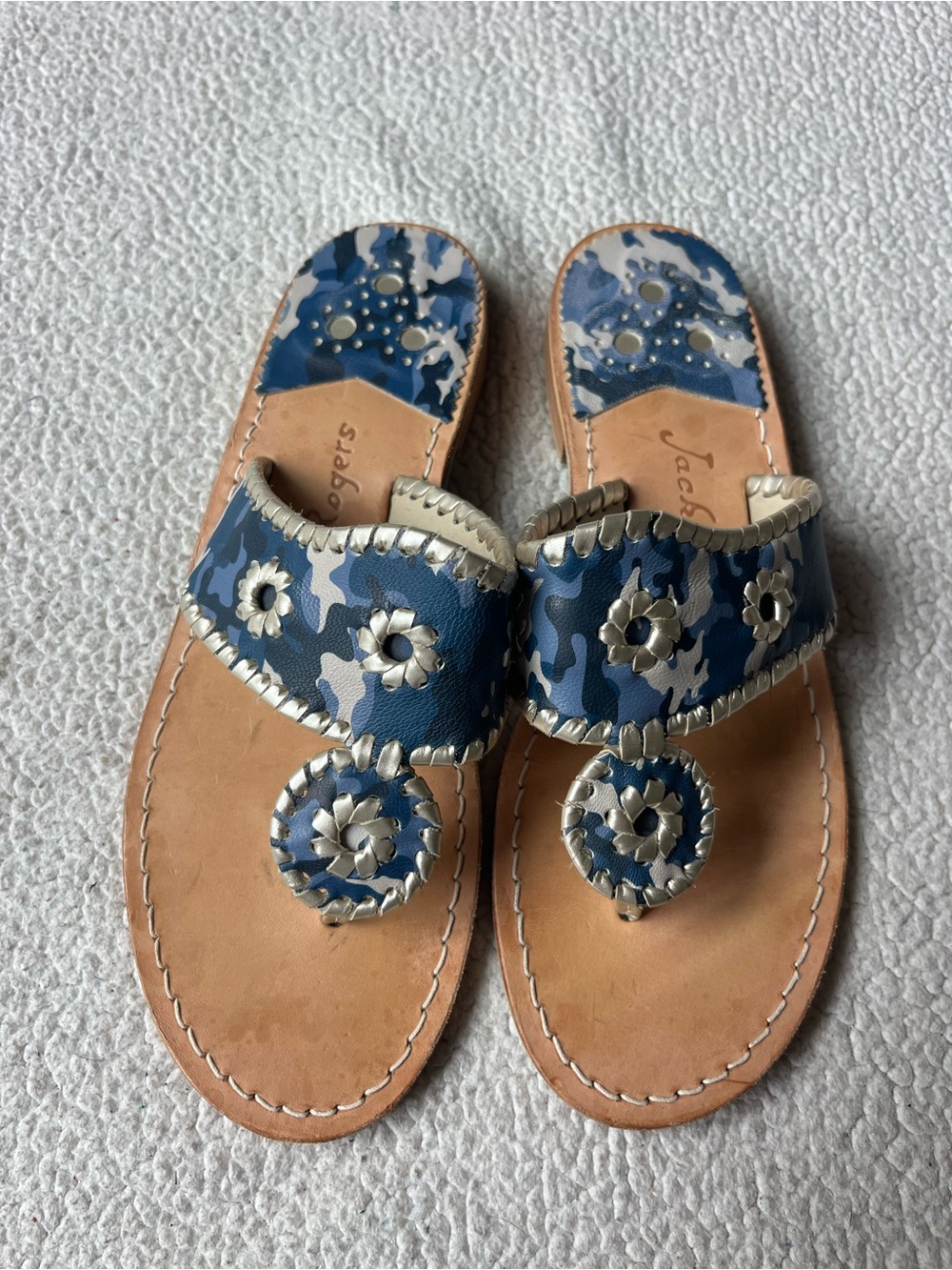 Jack Rogers Blue Camouflage Leather Flat Sandals Women’s 8